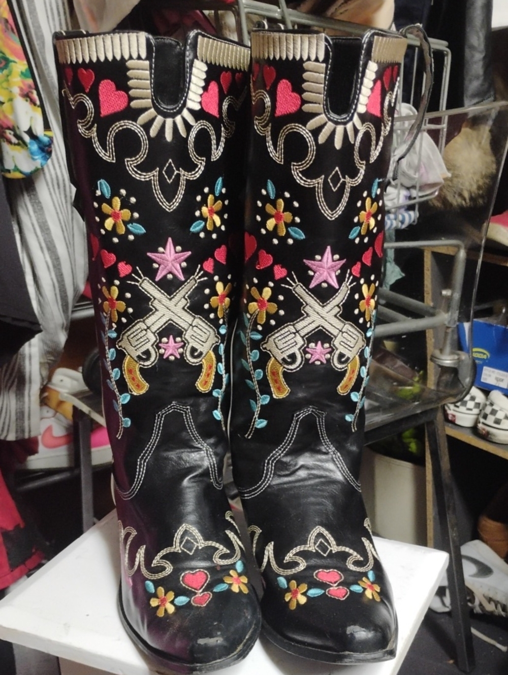 Embroidered Black Western Knee-High Boots with Colorful Floral & Gun Motif
